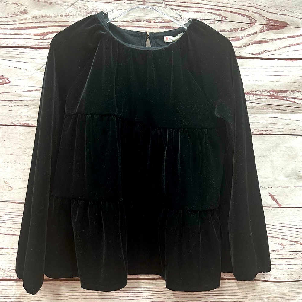 J.Crew Crewcuts Girls Black Velvet Ruffle Long Sleeve Top Size 6-7